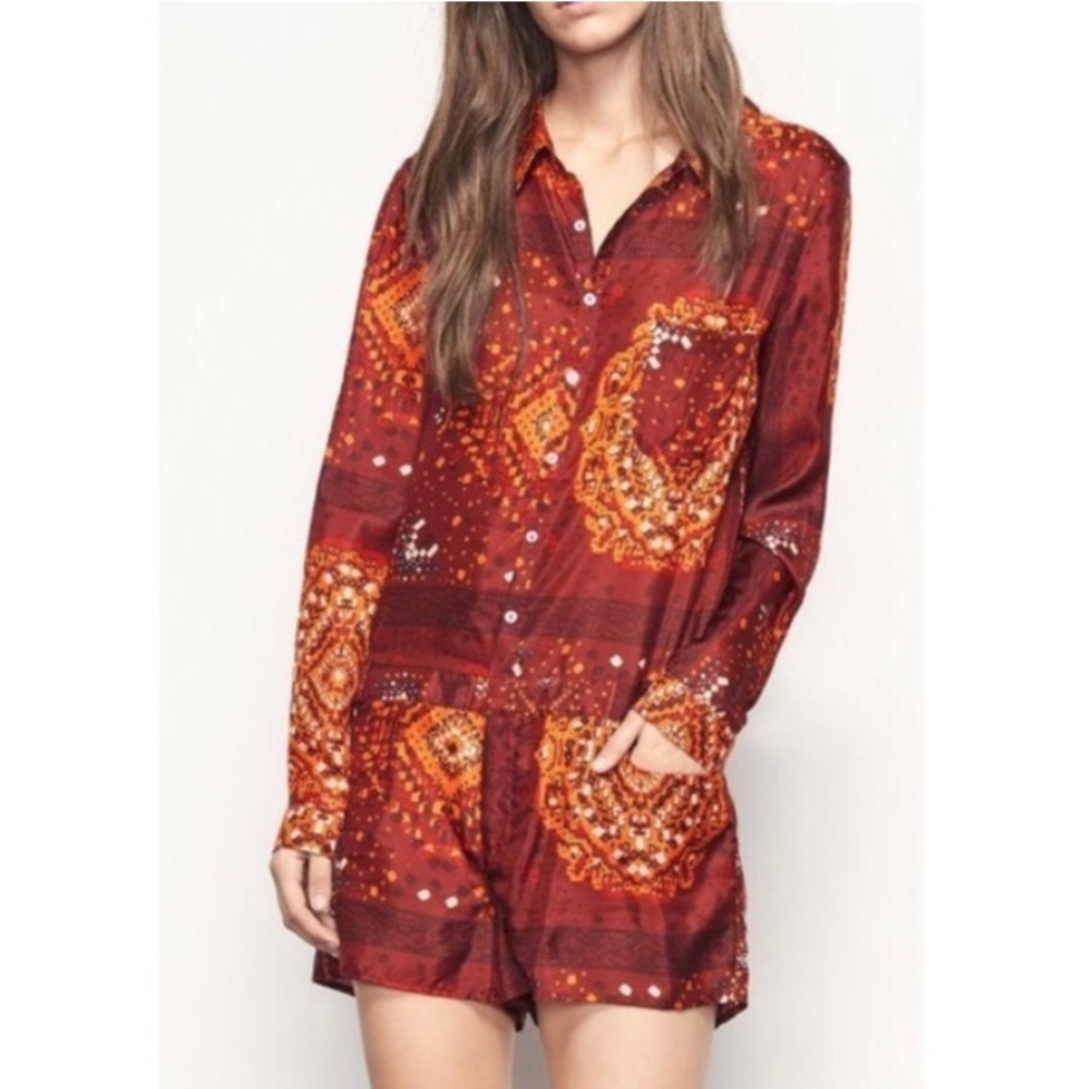 Ba&sh 100% Silk Red Long Sleeve Romper Medallion Geo Print Sz 1 US Size 6
